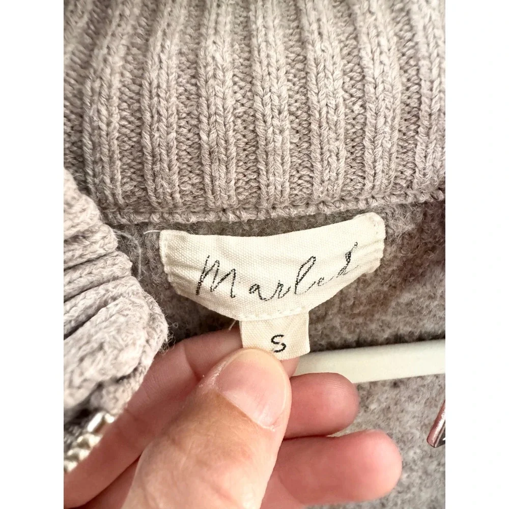 Marled Mock Neck Full Zip Cardigan Sweater Taupe Brown Wool Blend Small